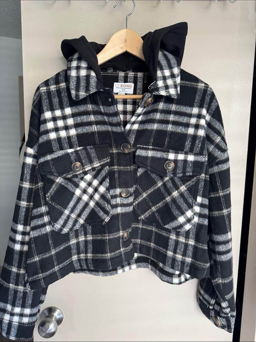 Junior Black & White Plaid Hooded Shacket